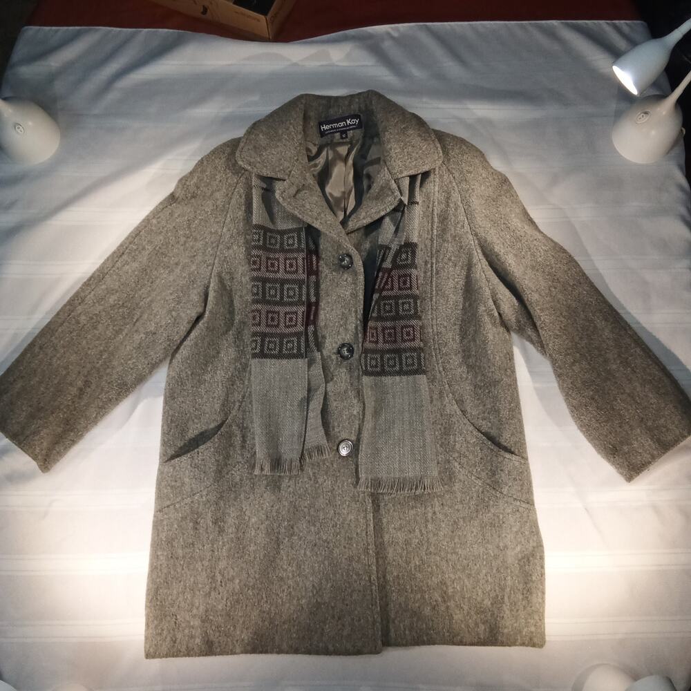Herman Kay Women's Wool Blend Coat Size 12 Gray Button Front with Attached Scarf